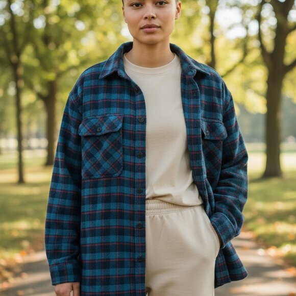 Aritzia TNA Blue & Red Plaid Flannel Faux Fur Lined Shacket Size L - Picture 1 of 8